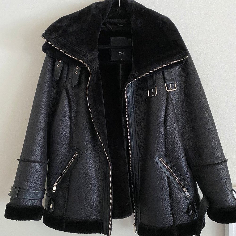 River Island Faux Leather + Fur Aviator Jacket
